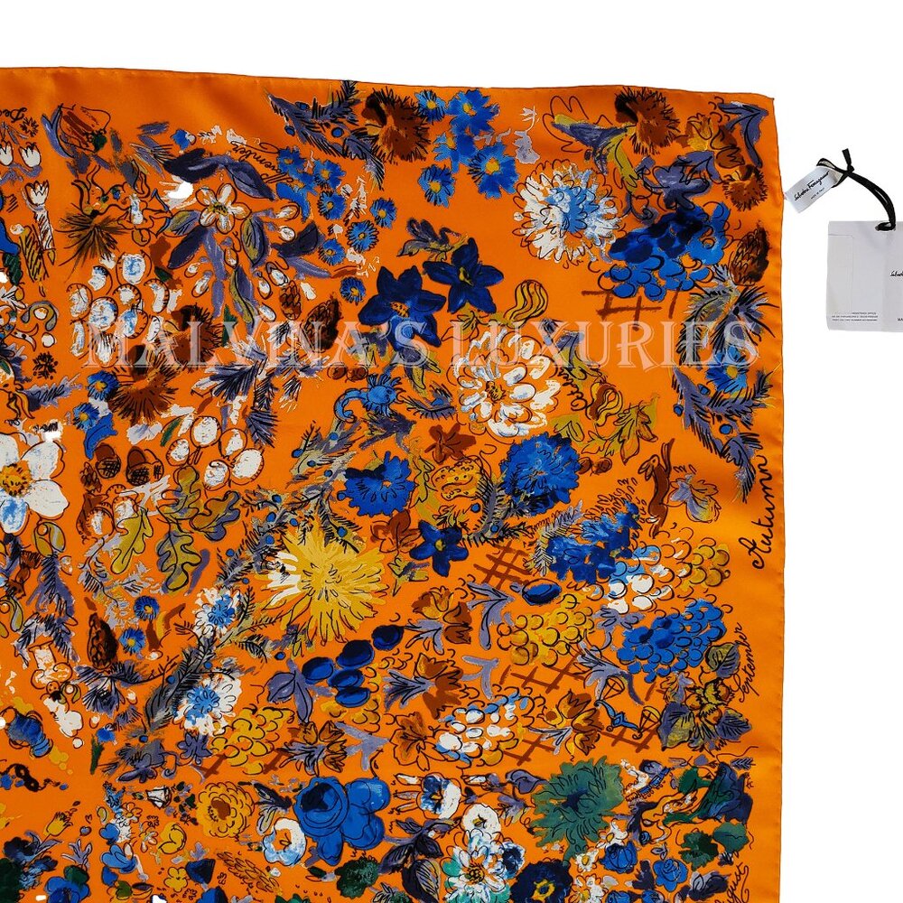 SALVATORE FERRAGAMO SCARF SIGNATURE FLOWER SEASON MULTICOLOR PRINT SILK 35" - Picture 11 of 14